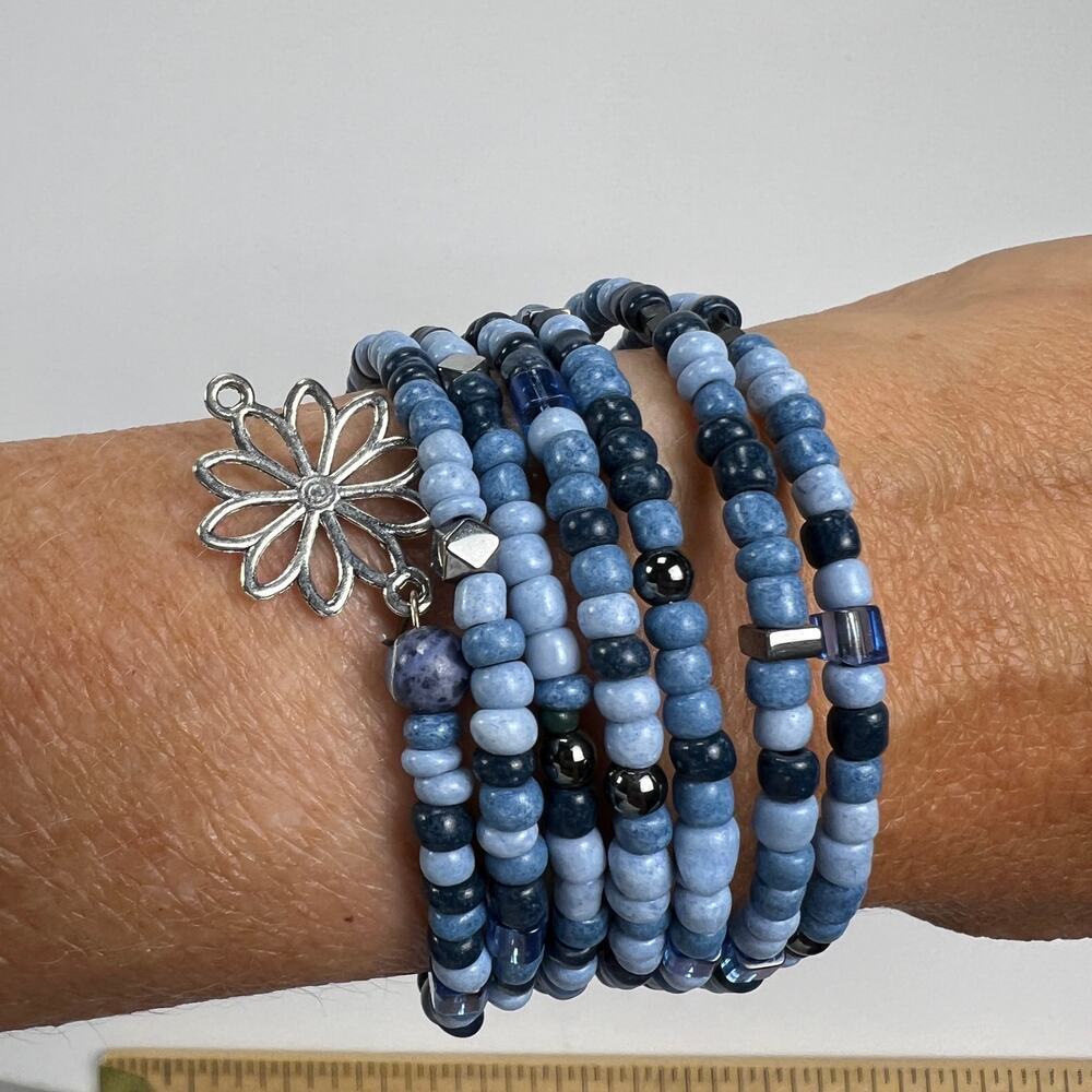 Hand Beaded Coil Bracelet Blue Tones Seed Beads Silver tone Charms